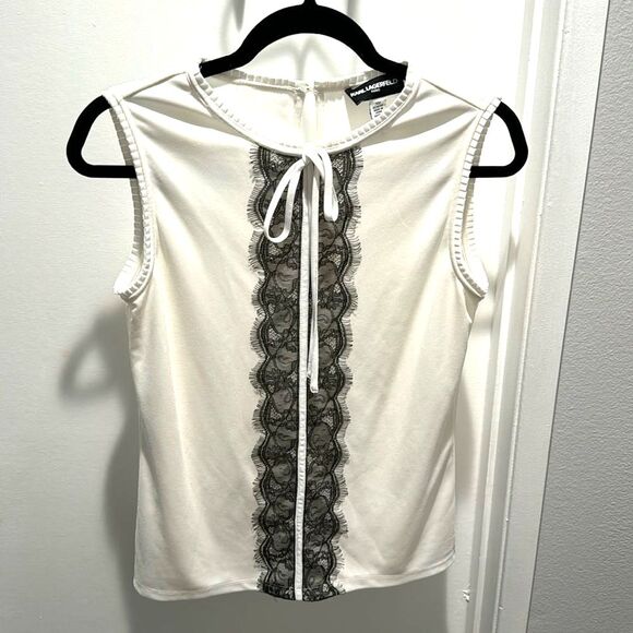 Karl Lagerfeld Tops - Karl Lagerfeld Women's Lace Blouse Top Sleeveless White Black XS Stretch